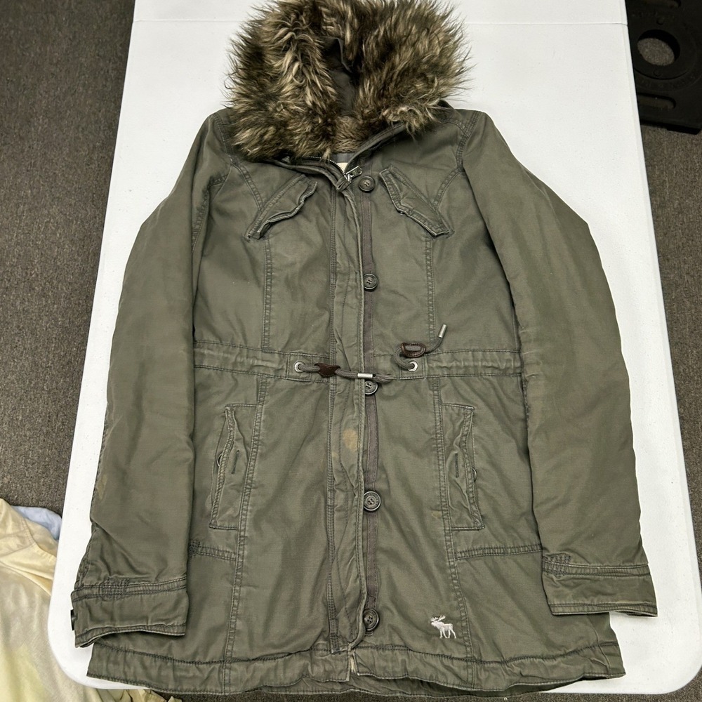 Abercrombie & Fitch Parka Jacket Womens S Green Faux Fur Trim Hood Utility A4